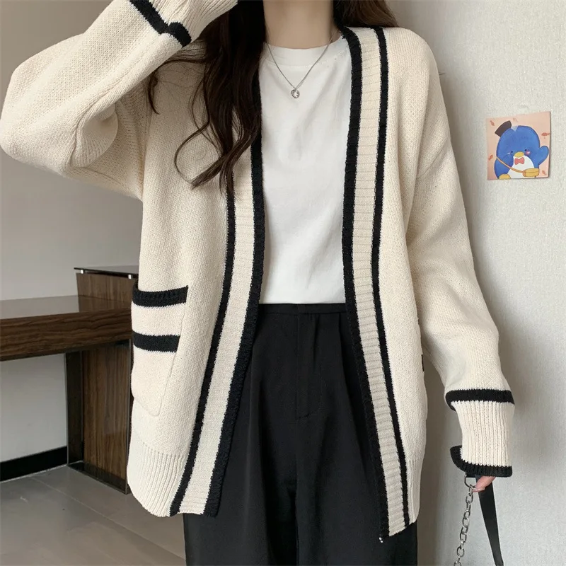 GG Autumn Vintage Mid Long Sweater Cardigan Woman Preppy Style Contrast Color Knitted Coat No Button Casual Street Open Outerwea