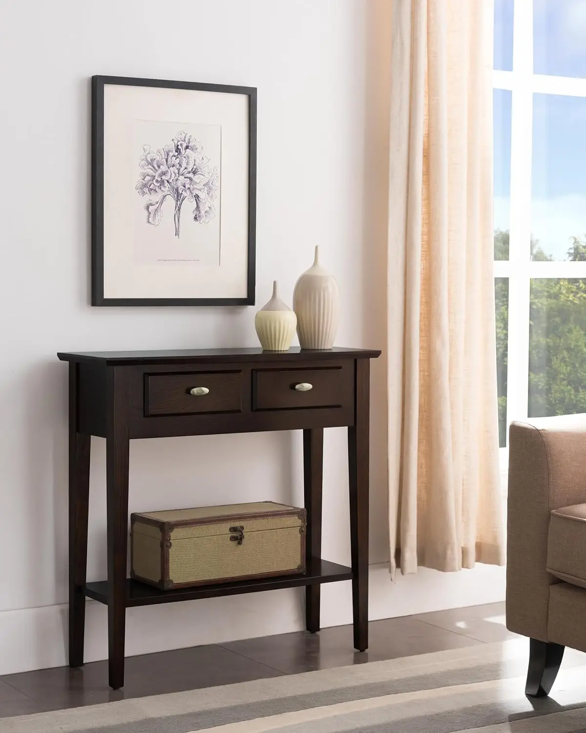 Teegan Solid Wood Hall Entryway Console Sofa Table with Shelf and Two Drawers Chocolate Oak Brown Perfect for Entryways Hallways