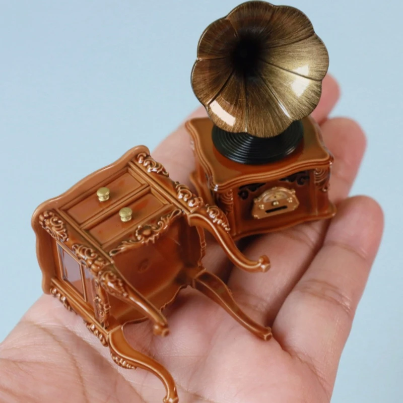 Dollhouse Miniature Retro Gramophone With Music Mini Phonograph Record Simulation Gramophone Handicrafts Home Model Toys Decor