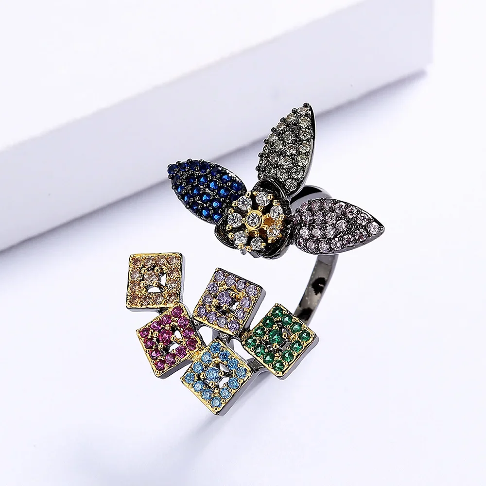 New Exquisite Multicolored Petals Ring 925 Silver Temperament Colorful AAAA Zircon Opening Flower Ring Party Birthday Gift