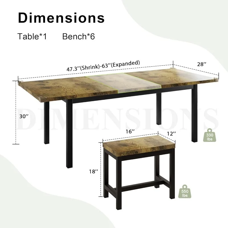 7-Piece Dining Table Set with 6 Stools, 63