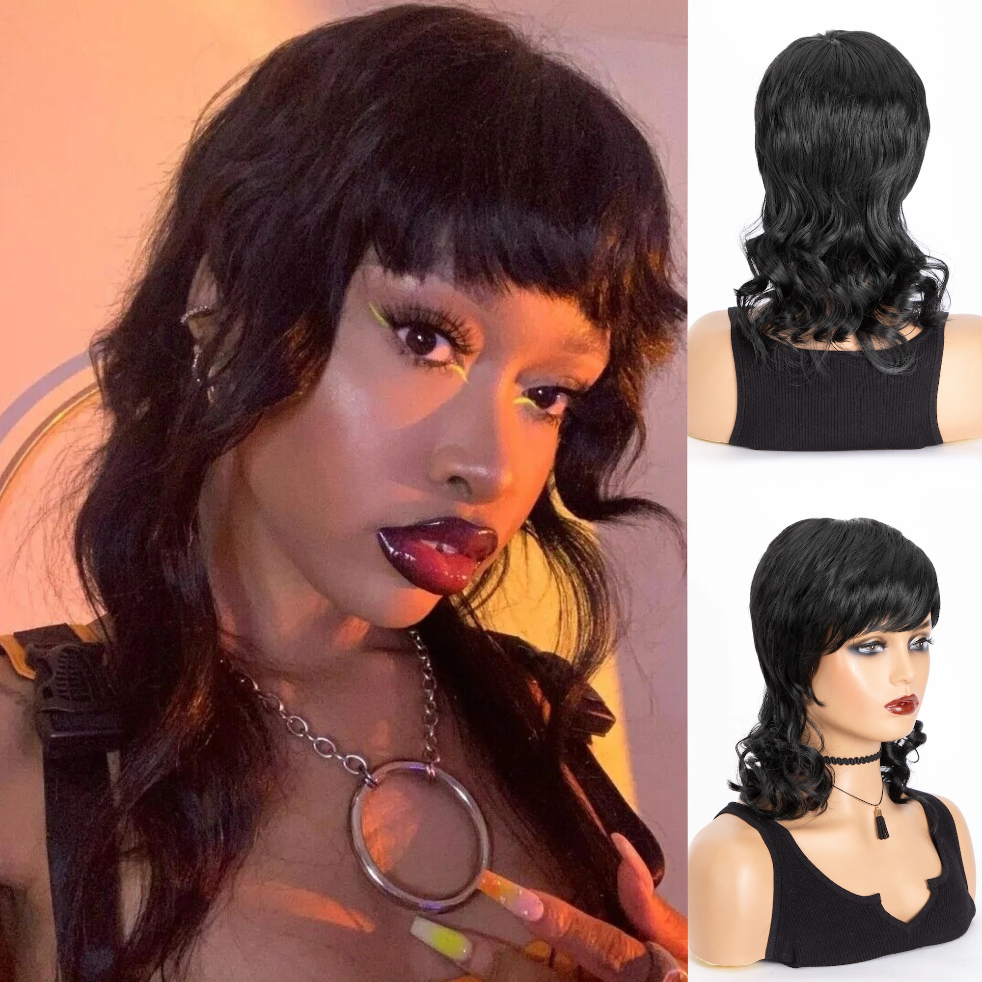 WIGERA Synthetic Highlight On Sale Black  Short Straight Pixie Cut Hair Bob Wig With Long Wavy Wave Curly Bangs Hair For Women