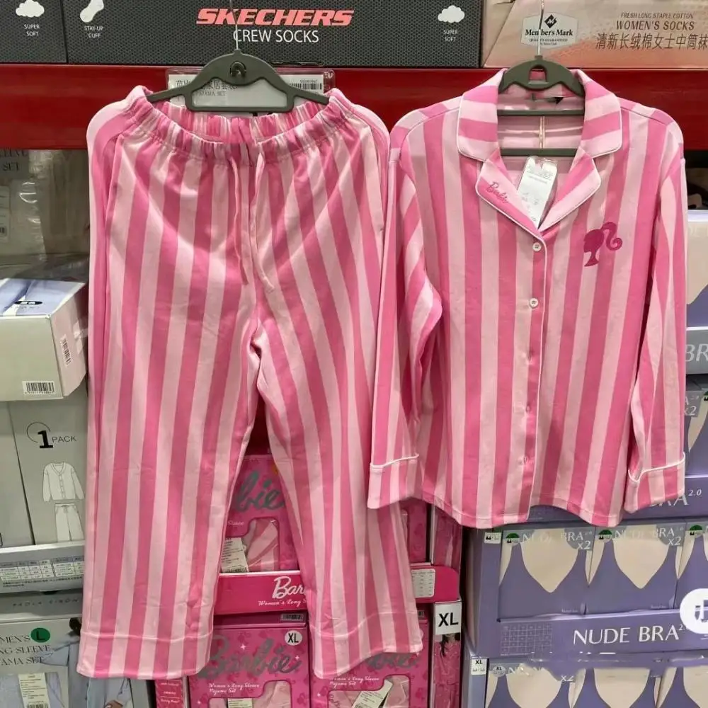 Conjunto de pijama Barbie para mujer, ropa de dormir rosa de dibujos animados para primavera y otoño, ropa de casa para niñas, pantalones de manga larga dulces a rayas de lujo ligeros