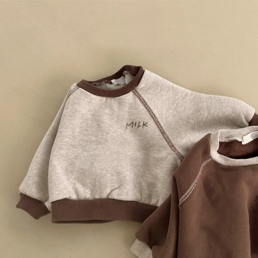 Conjunto de moletom de veludo grosso de bebê e menina, pulôver infantil, tops e calças, roupas quentes para criança, novo, inverno, 2 peças