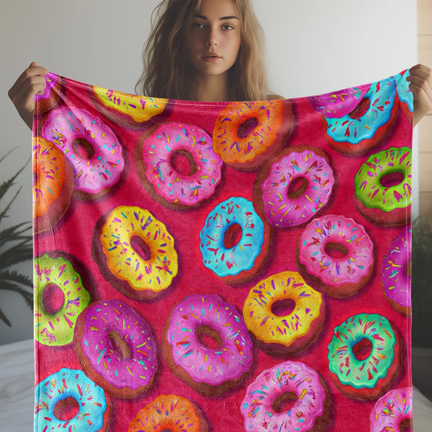 1pc Zeal Lily Retro Donut Throw Blanket - Soft Flannel All-Season Couch Bedspread, Pastel Pink with Sprinkles in Pink, Blue