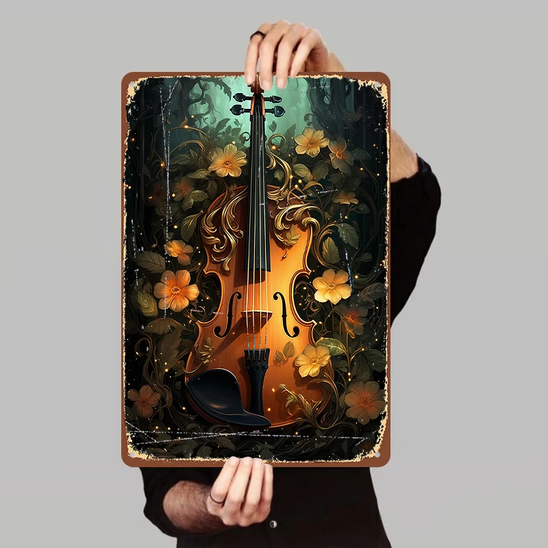 Enchanted Forest Violin Metal Wall Art with Golden Floral Vines and Glowing Accents