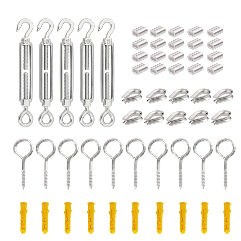 304 Stainless Steel Turnbuckle M5 Wire Rope Tension Tensioner Strainer and Eye Strap Screws Thimbles For Diameter 2mm Cable Kit