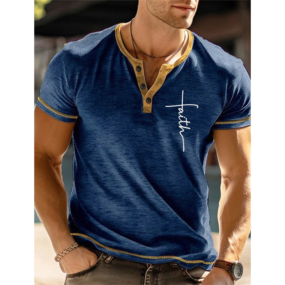 

Summer Faith Letter 3D Print Henley Shirts Men's Fashion Streetwear Oversized Button Short Sleeve T Shirt Tees Tops Man Clothing