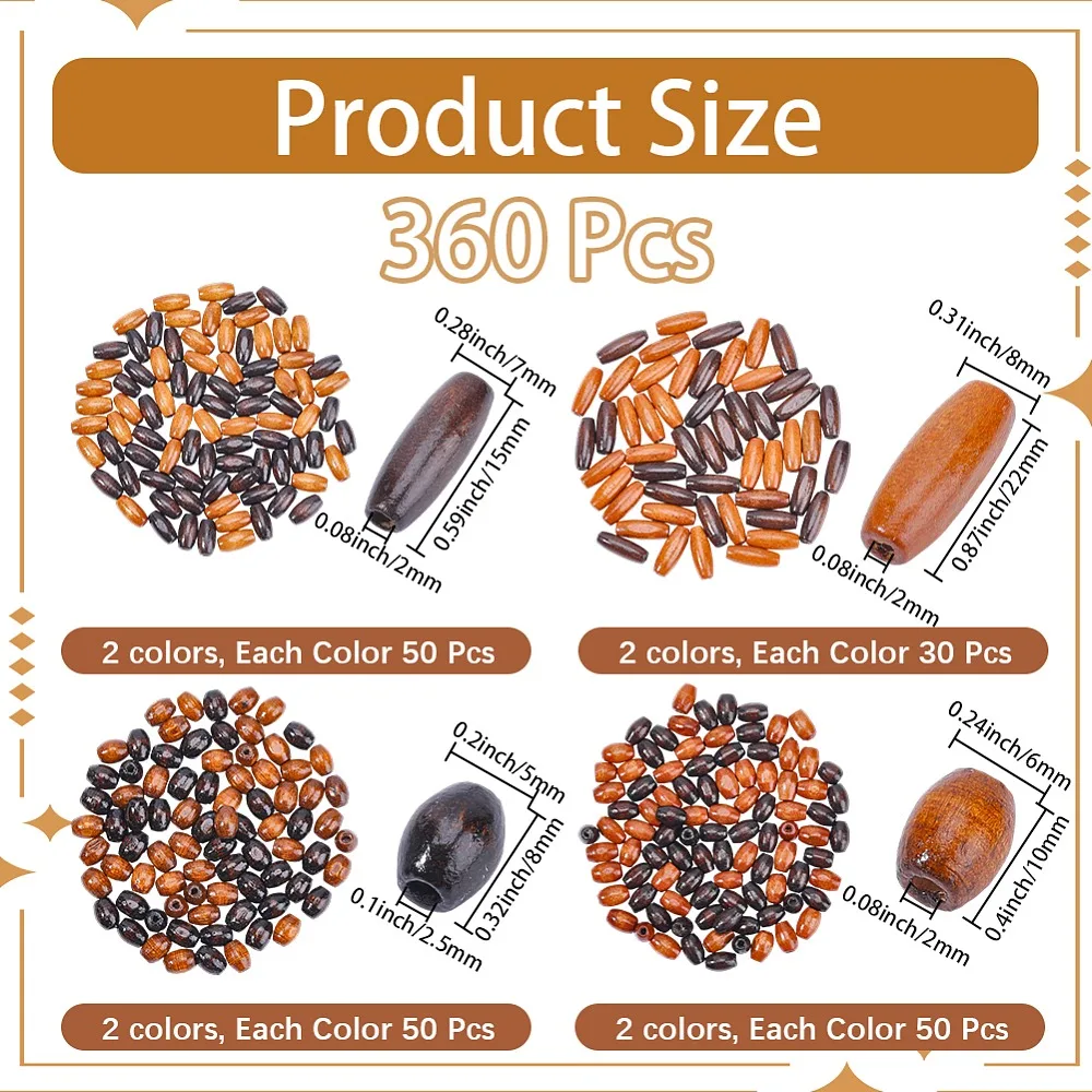 360 Peças 8 Estilos Contas de Madeira Ovais Cores Mistas 8~22x5~8mm Furo: 2~3mm