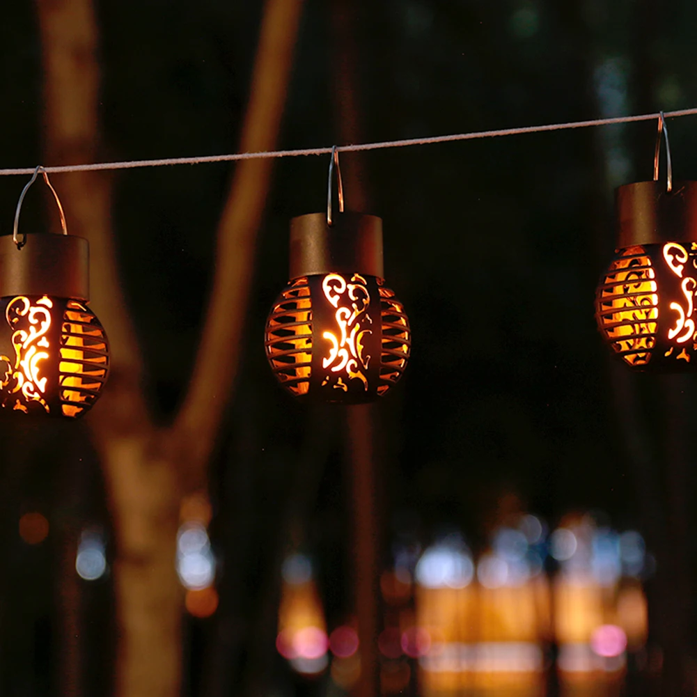 LED Solar Simulation Flame Light Waterproof Hollow Ball Flame Decorative Light Plastic Hanging Intelligent Control for Courtyard