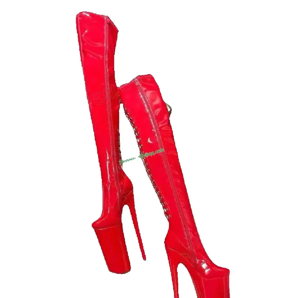 

Red Patent Leather Supper High Heel Boots Lace up Thigh High High Heel Shoes Solid Sexy Women Shoes New Zapatos Para Mujere