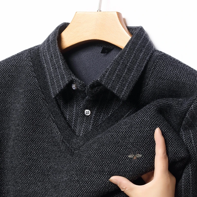 

Luxury Hot Sales Men's Knit Fake Two-piece Lapel Bee Embroidery Thicken Pullover Winter Business Warm Sweater Casual Men's Wear