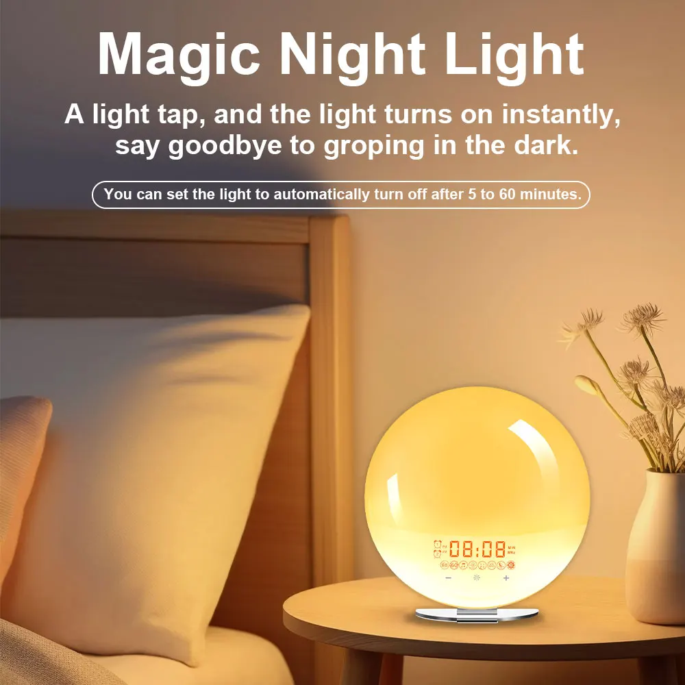 ساعة منبه لشروق الشمس مع ضوء صحوة، صوت نوم رقمي، ضوء ليلي، ساعة مكتب، جهاز مساعد للنوم، لون متغير، هدية مثالية