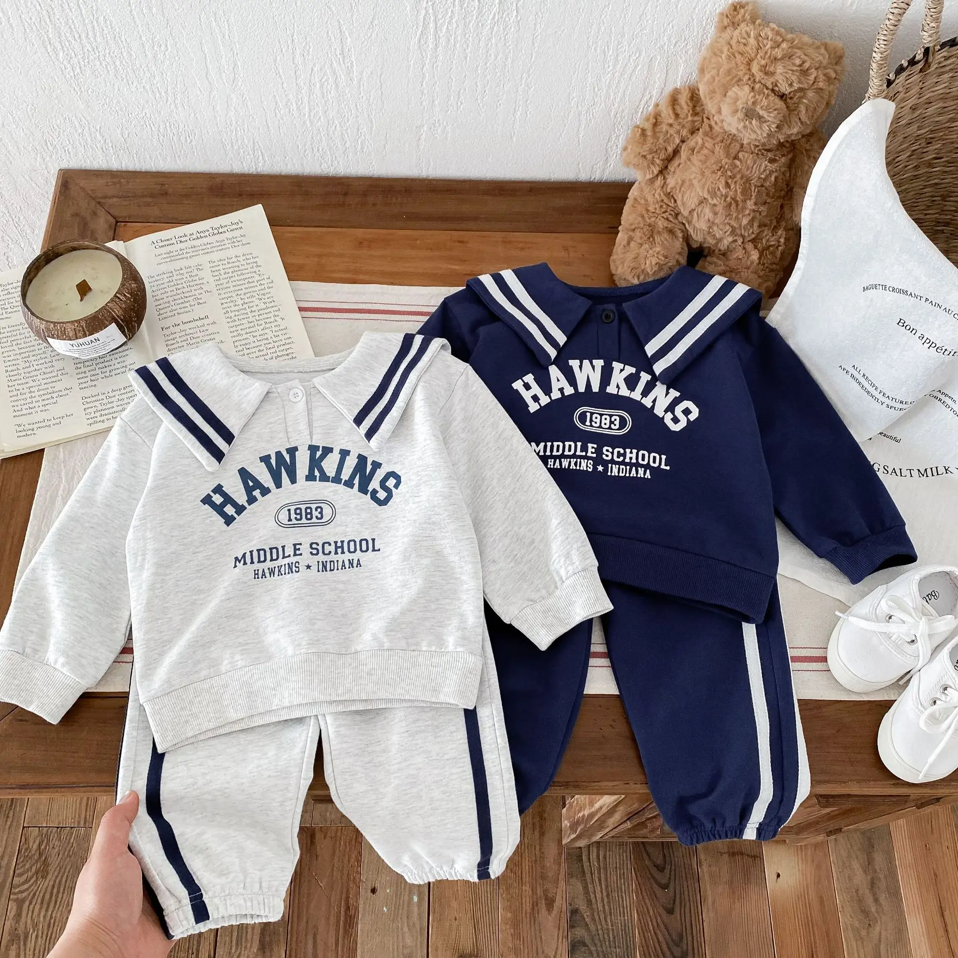 Milangel-Conjunto de ropa para niños y niñas, chándal con Jersey y pantalones, 2 piezas, a rayas, cuello marinero, sudaderas con capucha y letras, otoño