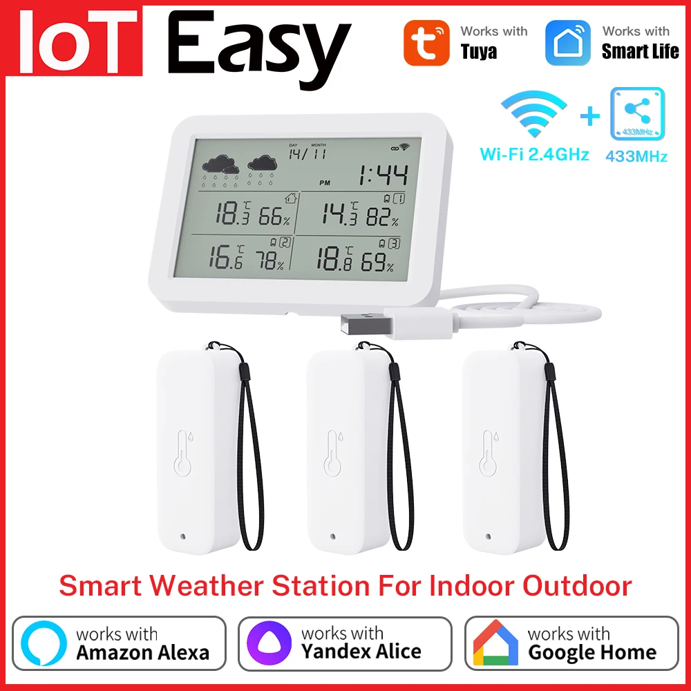 Tuya-estación meteorológica WiFi, termómetro para interiores y exteriores, higrómetro RF433, Sensor de temperatura y humedad, reloj de pared