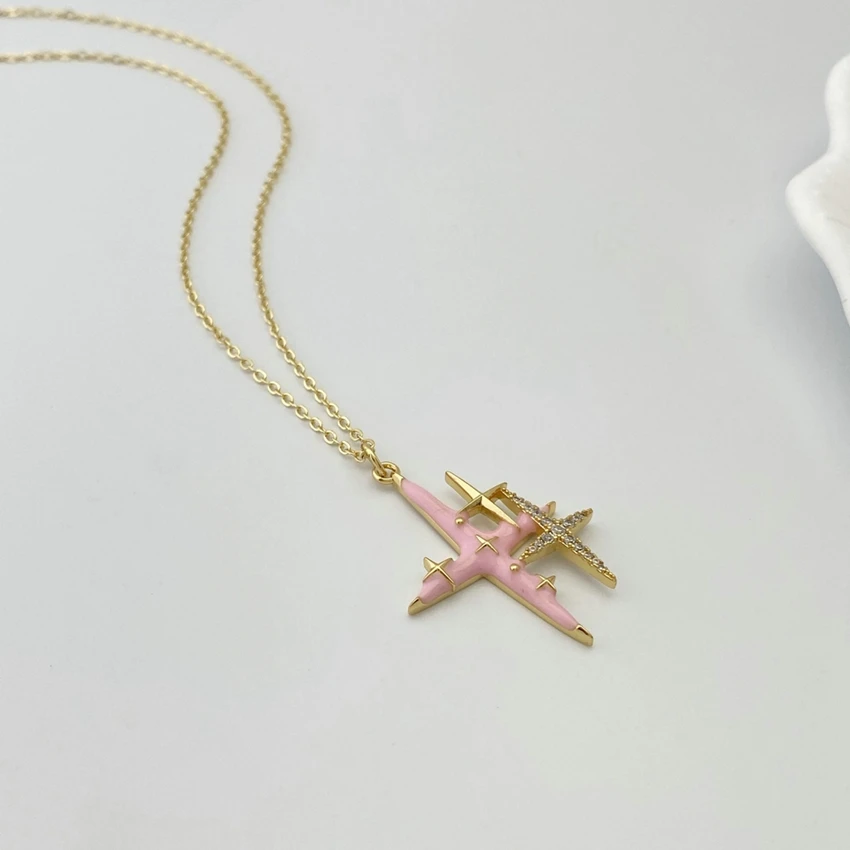 New Fashion Pink Four-Pointed Star Crucifix Pendant Necklace Aesthetic Jewelry Gift