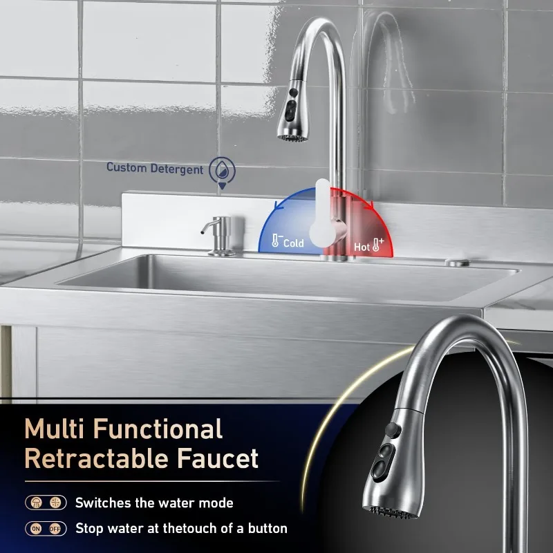 حوض المرافق القائم بذاته مقاس 28 بوصة، حوض غرفة الغسيل من الفولاذ المقاوم للصدأ شديد التحمل، أحواض المطبخ التجارية مع الماء الساخن والبارد لـ Ga