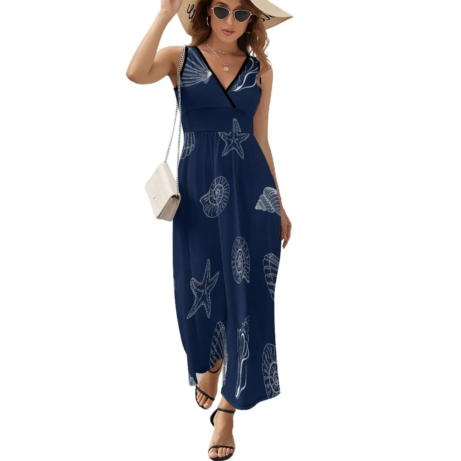 

Pattern dark blue, navy, white, inspired on beautiful sea ocean marine coastal Sleeveless Dress dress for women birthday dress