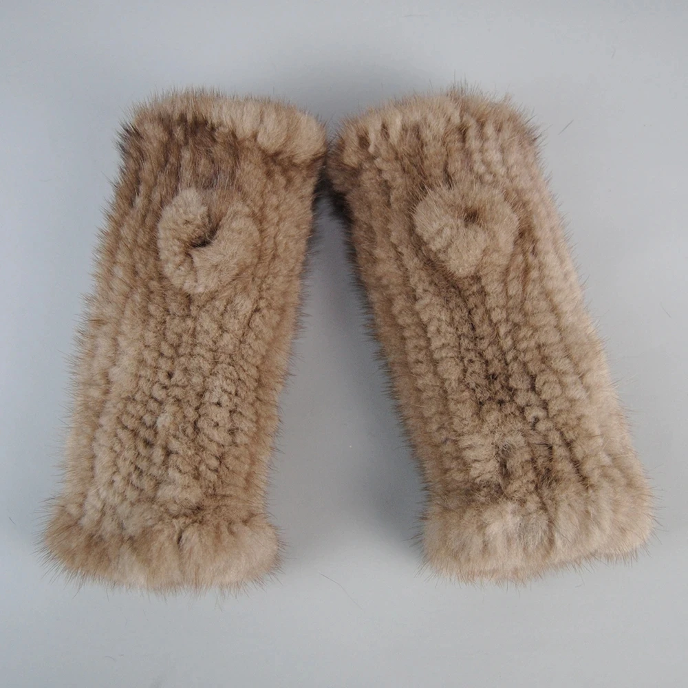 Top Quality Women's 100% Winter Warm Real Mink Fur Knitted Half Finger Gloves Girls Typing Mittens