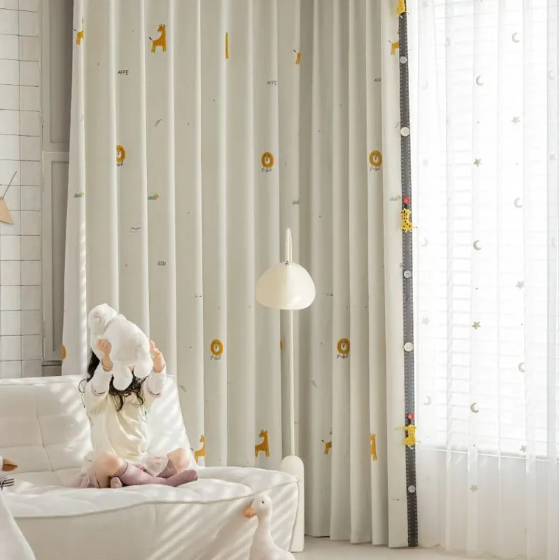 Cartoon Forest King Embroidery Lion Linen Blackout Curtains for Living Dining Room Bedroom Children's Room Boy's Room Drapes