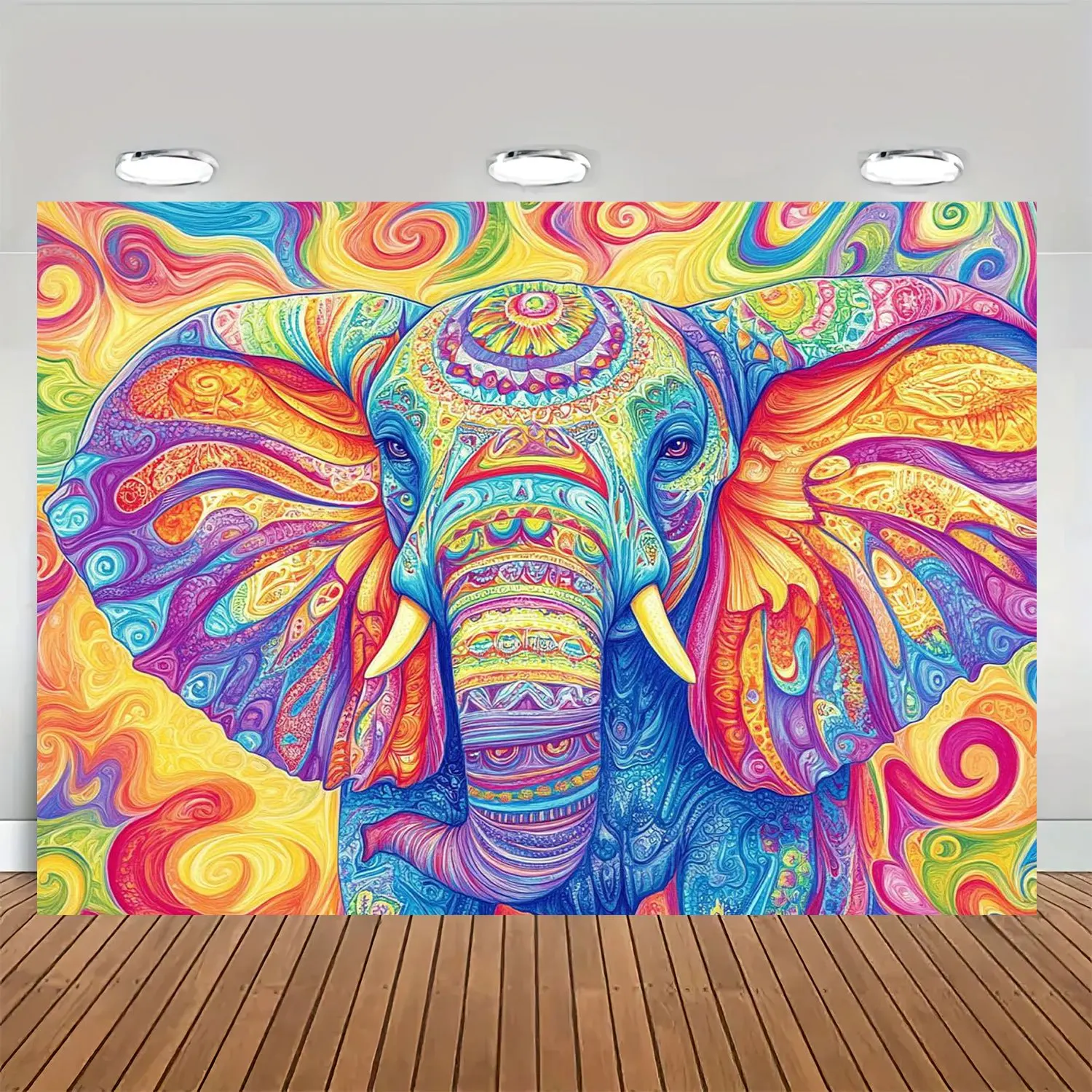 لافتة خلفية للحفلات الكرتونية على شكل فيل نابض بالحياة مثالية لعيد الميلاد مع اسهم زخرفية لأعياد الميلاد والعطلات