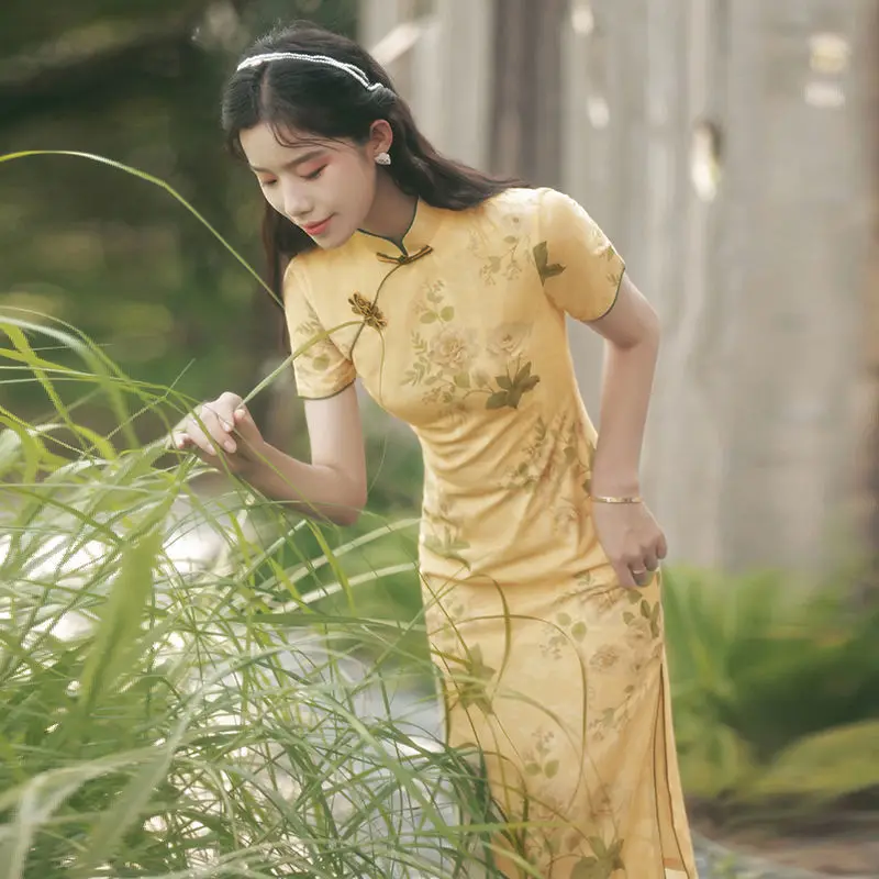 

Улучшенное Cheongsam с высоким разрезом, новое элегантное простое винтажное платье в китайском стиле для молодых девушек, женское летнее платье средней длины
