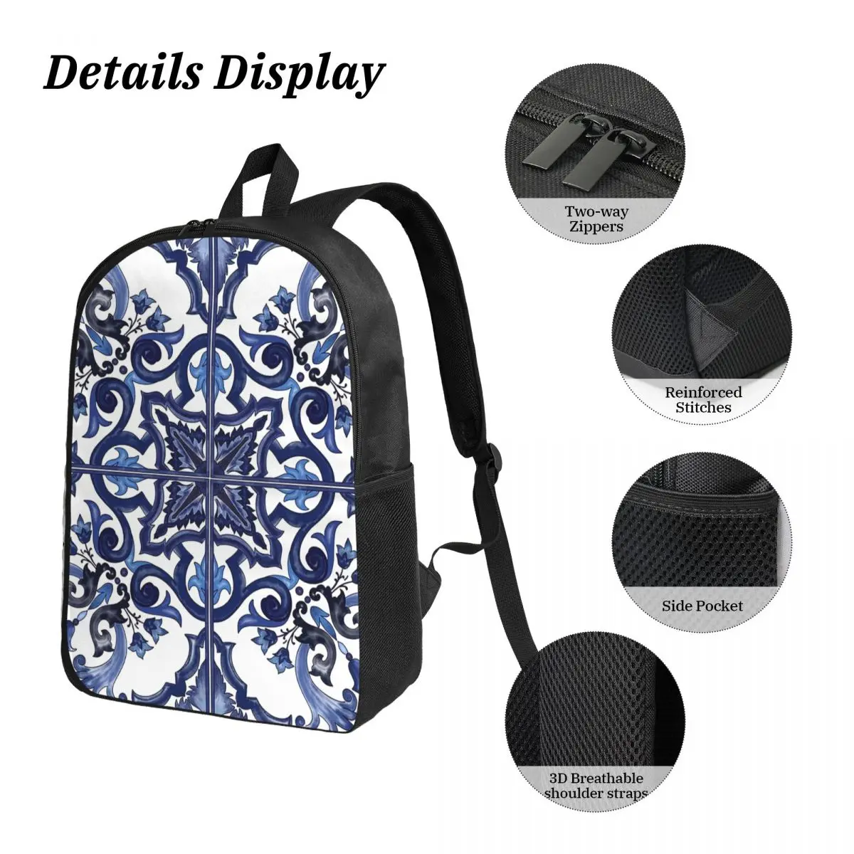 Zaino blu ornato floreale mediterraneo con piastrelle siciliane, borsa per libri, borsa da scuola, borse a tracolla, borsa per il pranzo isolata in 3 pezzi, astuccio