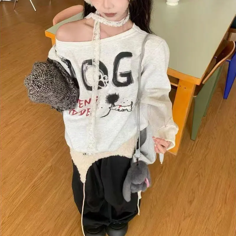 American Retro Printed Letter Hoodies Autumn Skew Collar Women's Clothing Fashion Off Shoulder Casual Asymmetrical Sweatshirts