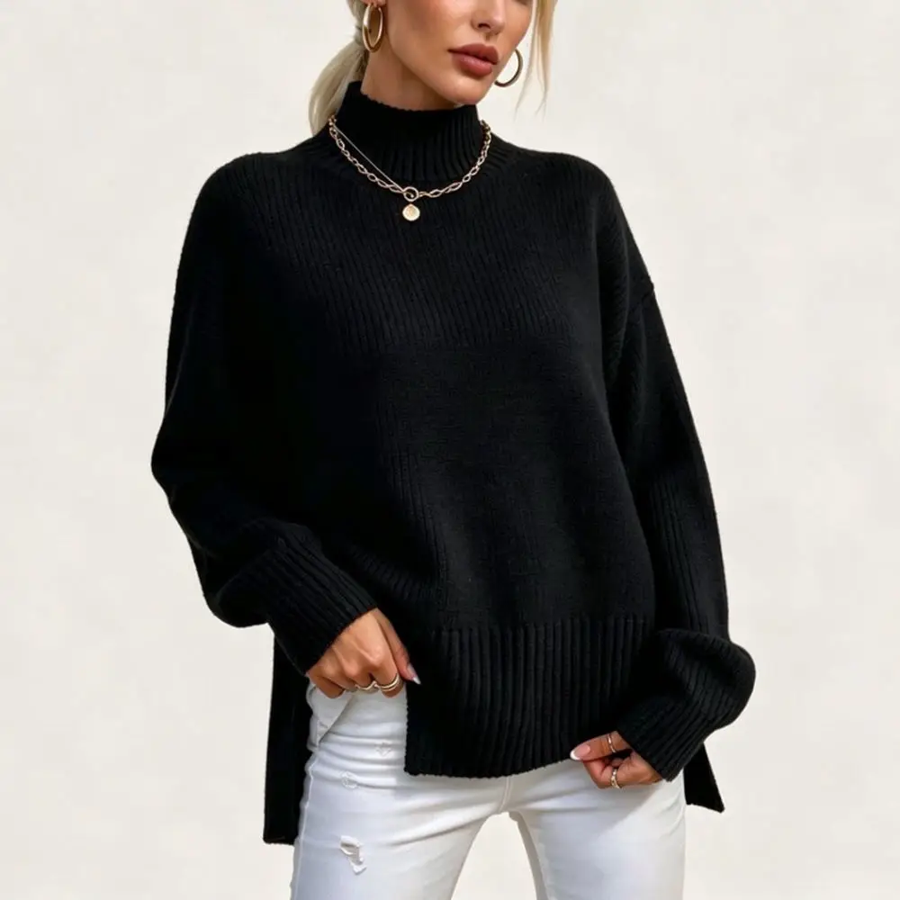Women Winter Oversized Sweater High Neck Long Sleeve Knit Pullover Casual Loose Fit Solid Color Soft Drop Shoulder Jumper