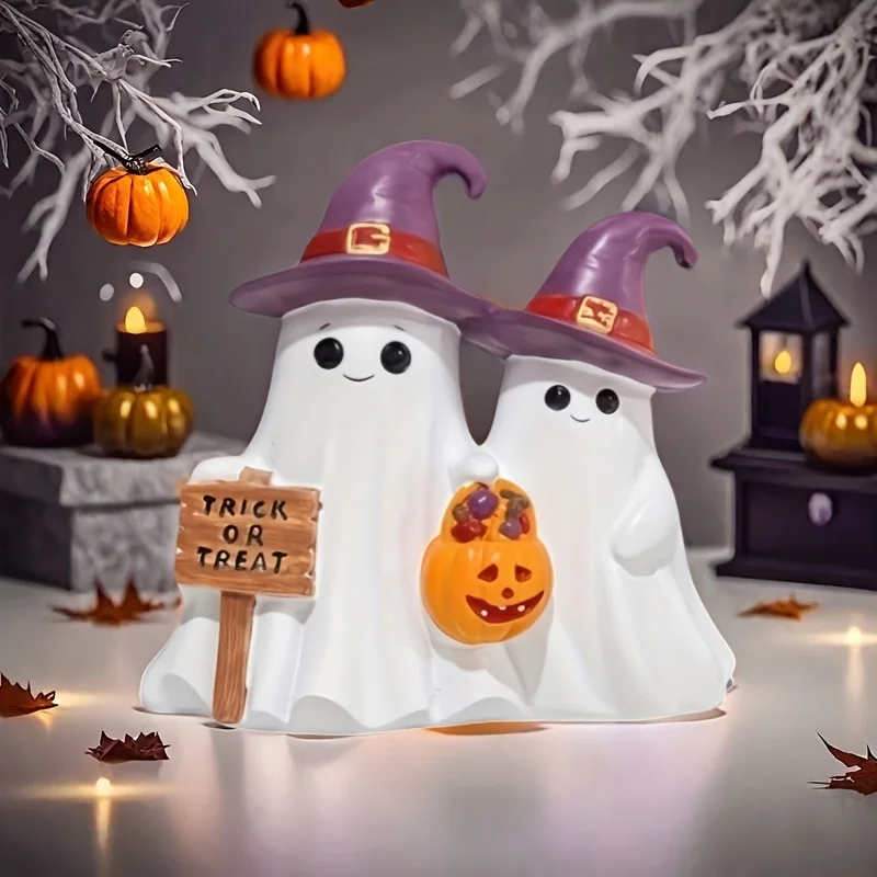 Halloween Hat Wearing Double Ghost Statues - Handheld Pumpkin and Sign Design, Creative Home Decor Handmade
