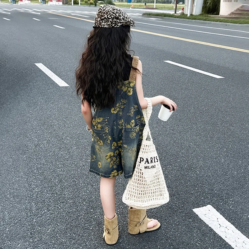 Summer Kids Child Vintage Blue Floral Denim Overalls Shorts for Teenage Girls Flower Print Jeans Short Jumpsuit 5 6 8 10 12 14 T view 3