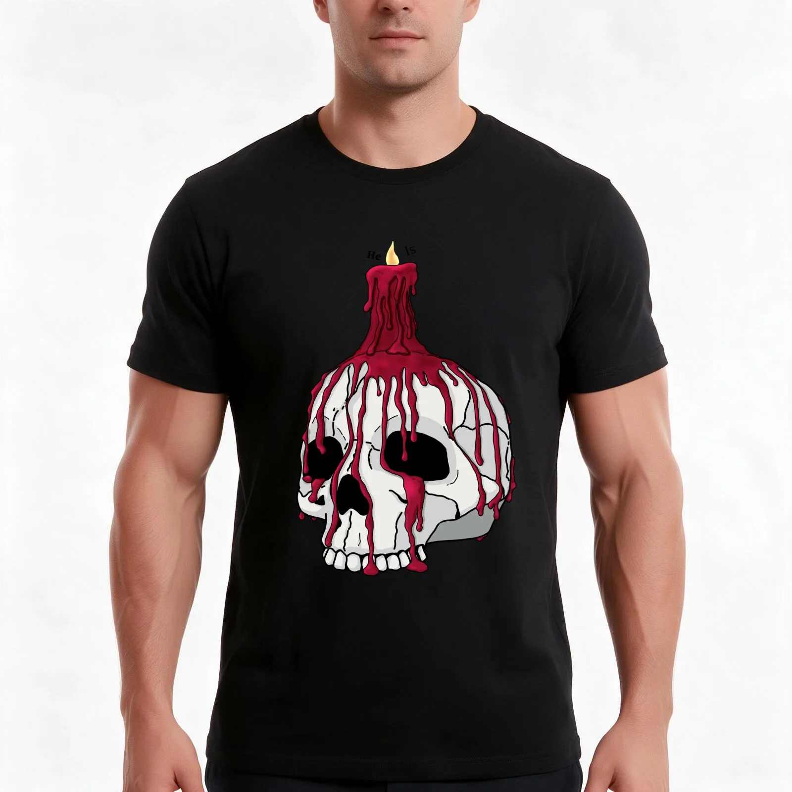 He Is - Skull Candle Design T-Shirt, Novelty Saying Tshirt, Soft Cotton Crew Neck Everyday Top