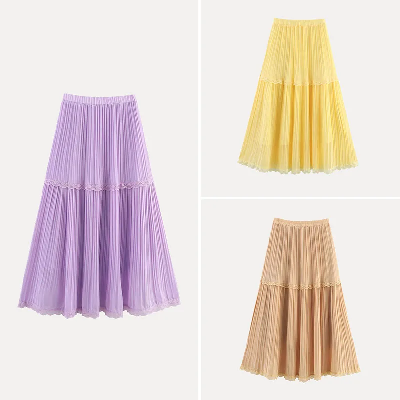 

Spring 2025 Faionable Chiffon Lace Pleated Skirt High Waist Midi Dr Ele Street Sle Pure Color Polyester Fiber