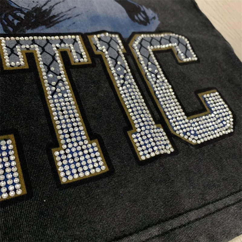 Hot Drill Letter VALLEY Short Sleeves Fun Animal Rugby Print Pure Cotton Black Washed Vale Men's Oversized T Shirt