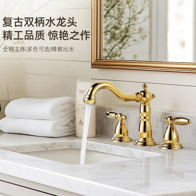 French retro three-hole faucet bathroom cabinet basin all-copper hot and cold faucet double handle split gold electroplated fauc