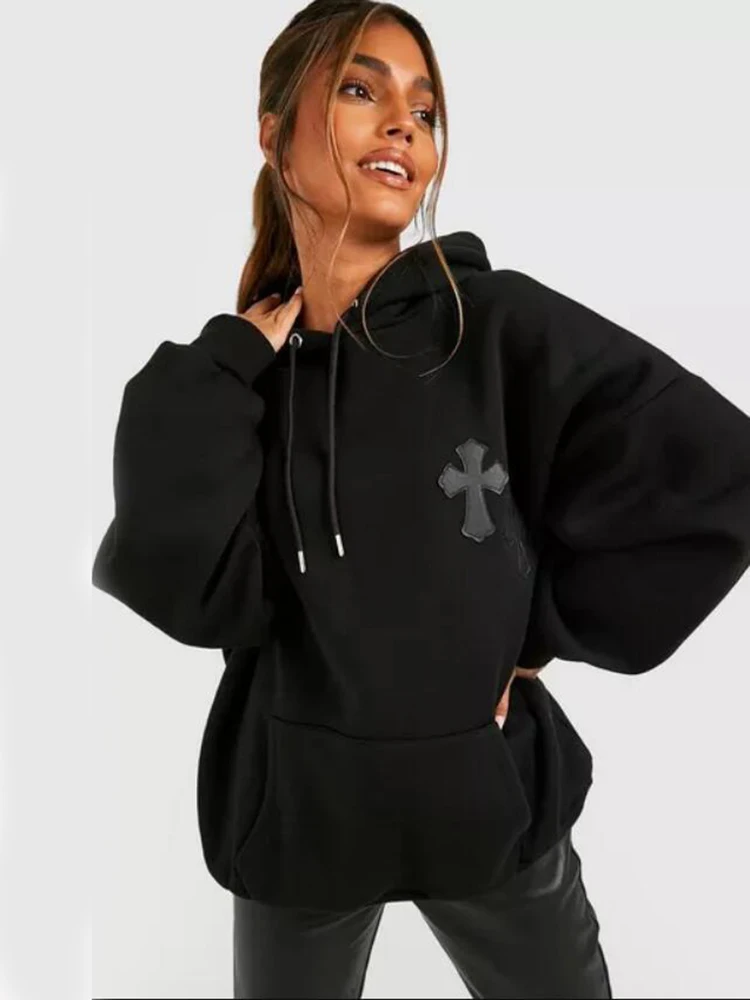 Cross Rhinestones Zip Women Hoodie Y2k PU Cross Applique Oversized Hoodies