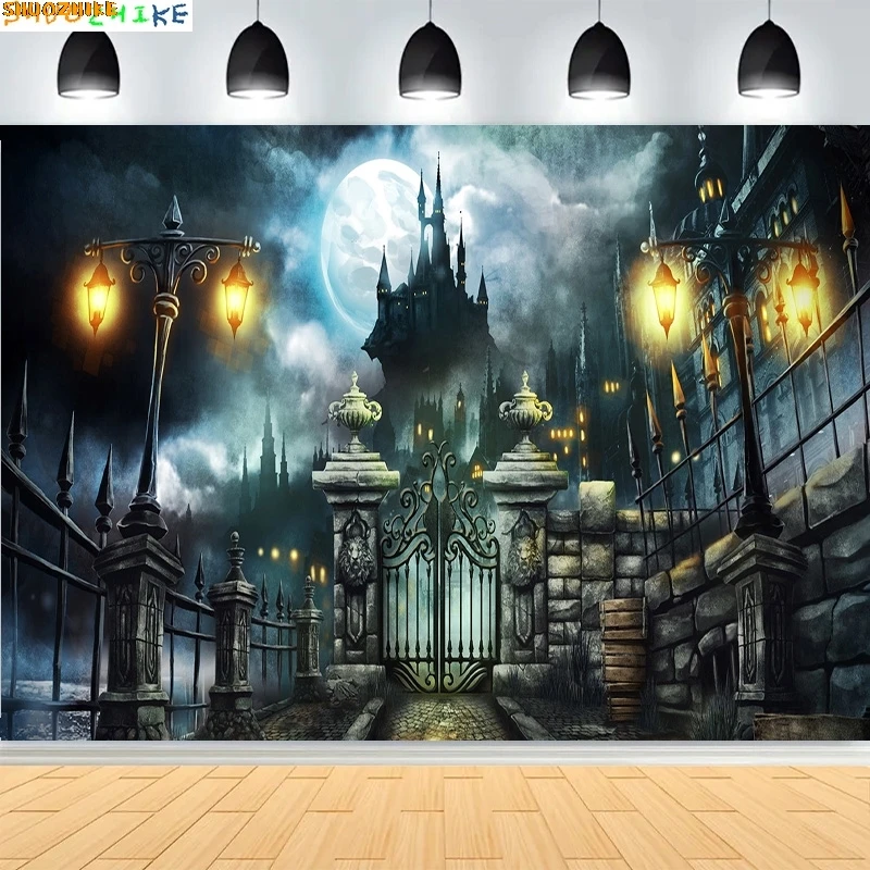 

Autumn Thanksgiving Day Photography Backdrops Fall Scary Pumpkin Barn Moon Halloween Day Party Castle Photo Background NG-35