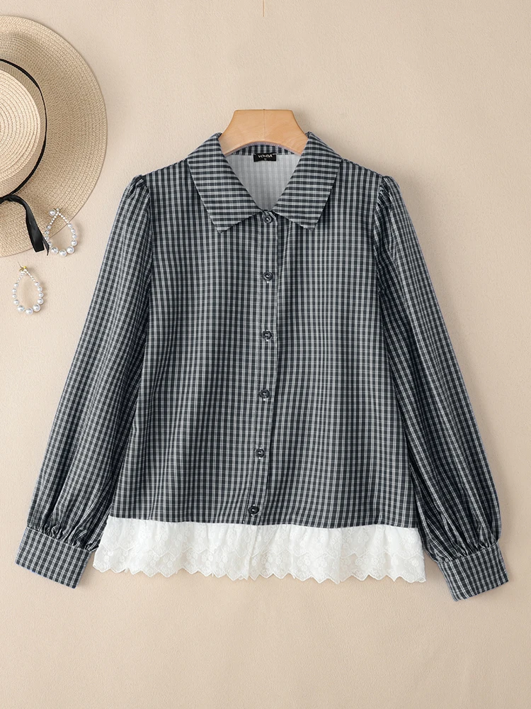 2025 VONDA Elegant Women Long Sleeve Shirts Fashion Plaid Blouse Autumn Lace Patchwork Button Stylish Korean Tops Tunic Blusas