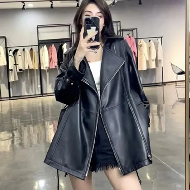 Spring and Autumn New  Sheepskin Leather Coat Women's Mid length Loose Suit Collar Motorcycle Jacket Coat