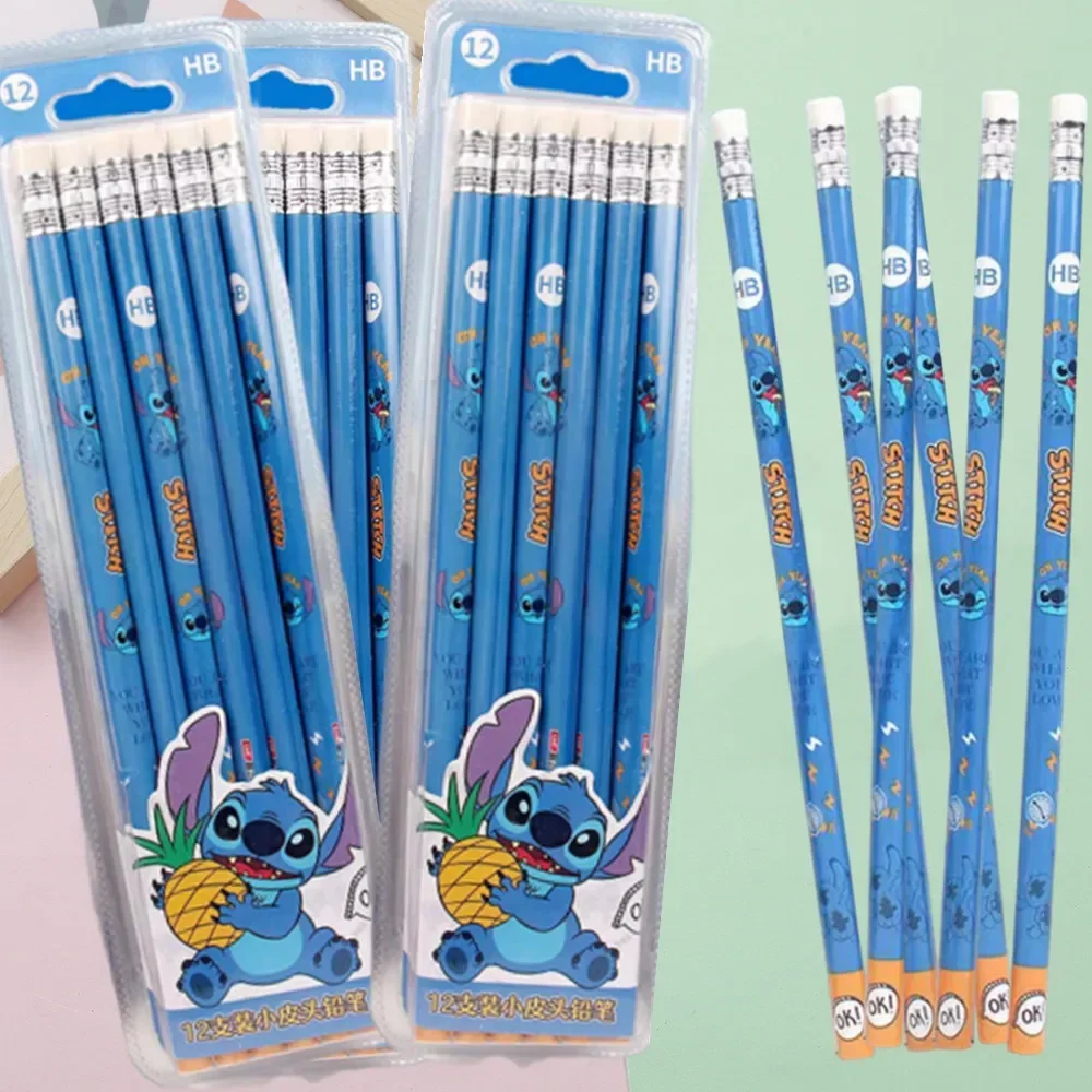 12Pcs Disney Stitch Pencils Round Rod Cute Students Cartoon Girls Boys School Pens Office School Supplies Educational Pencils