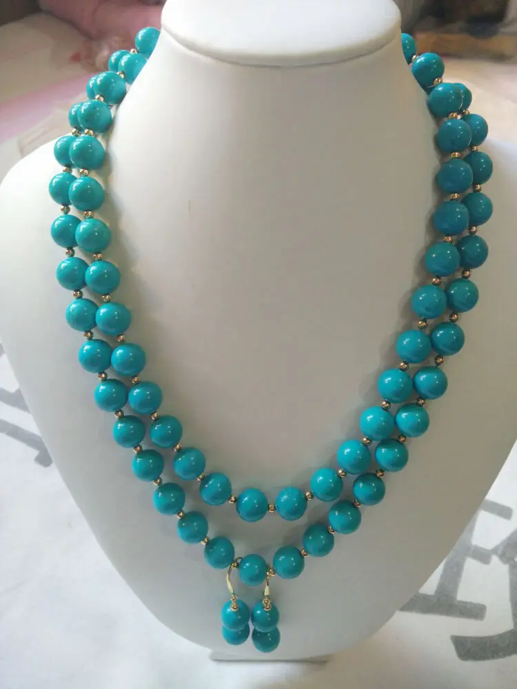 

35" Stunning AAA 10mm real natural green blue turquoise necklace earring set 14k chains tassel necklace jewelry necklace