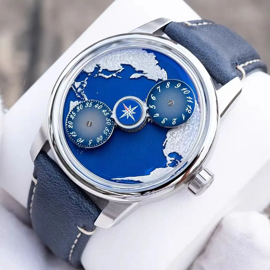 OBLVLO Men Automatic Watch 42MM Mechanical Wristwatch Luminous Dial 50M Waterproof Sapphire Rotatable Earth Dial 2 Small Dial