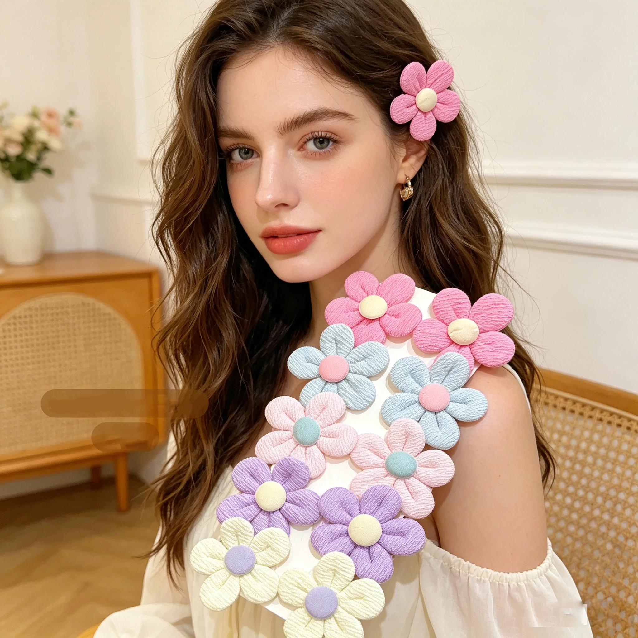 Color Random 10/20 pcs. Colorful Fabric Checkered Five-Petal Flower Hairpin. Non-Harmful to Hair Small Flower Hair Clip Hair Acc