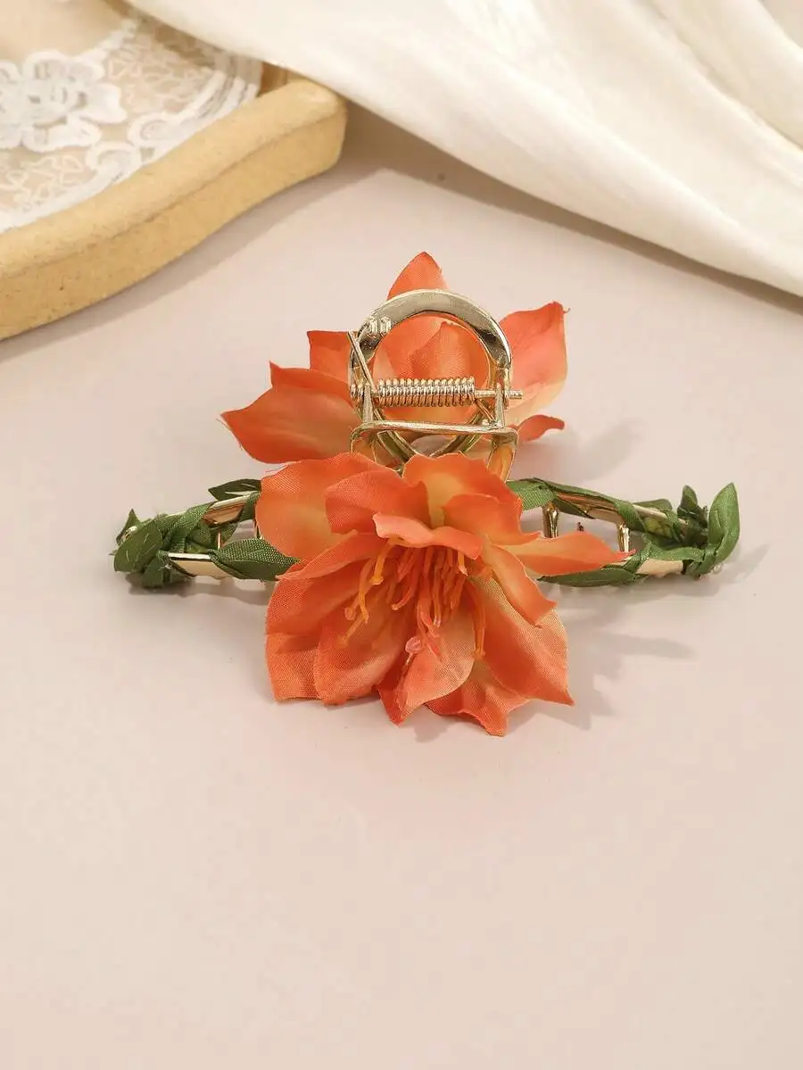 

Elegant Orange Floral Hair Claw Clip With Green Vine Wrap For Women