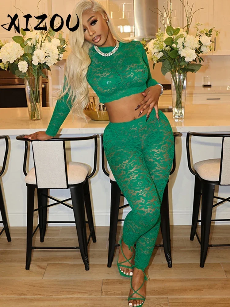 

XIZOU Sexy Jacquard 2 Piece Set Women See Through O-Neck Crop Tops+Leggings Skinny Stretch Matching Midnight Party Clubwear