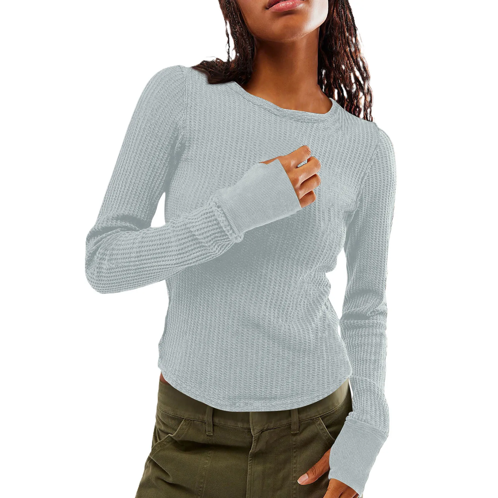 Women'S Solid Bottom Shirt Round Neck T-Shirt Slim Fitting Long Sleeved Waffle Pullover Tops Female Streetwear Casual Base Tees