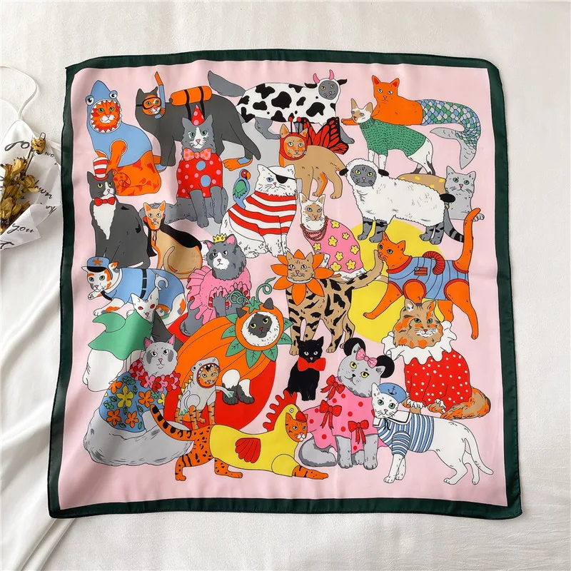 Cartoon Cat Square Imitation Silk Scarf Spring and Summer Head Wrap For Women Multifunction  Neckerchief