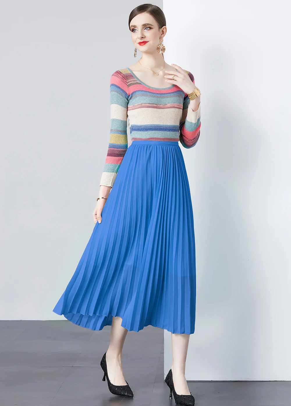Age Reducing Slimming Simple and Versatile Knitted Top+chiffon Pleated Skirt Two-piece Set Three Bedroom Autumn Women's Clothing image 4
