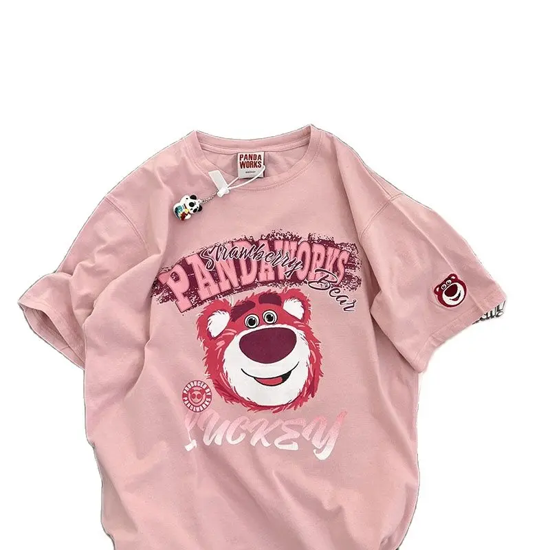 Disney M-4XL Embroidery Lotso Kawaii Graphic Tees Children Summer Short Sleeve Kid's Oversize T-shirt Cotton Pink Y2k Streetwear