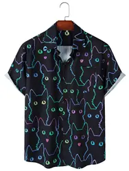 Men's Casual Short-Sleeved Shirt, Black Line Cat, with Pocket, Summer